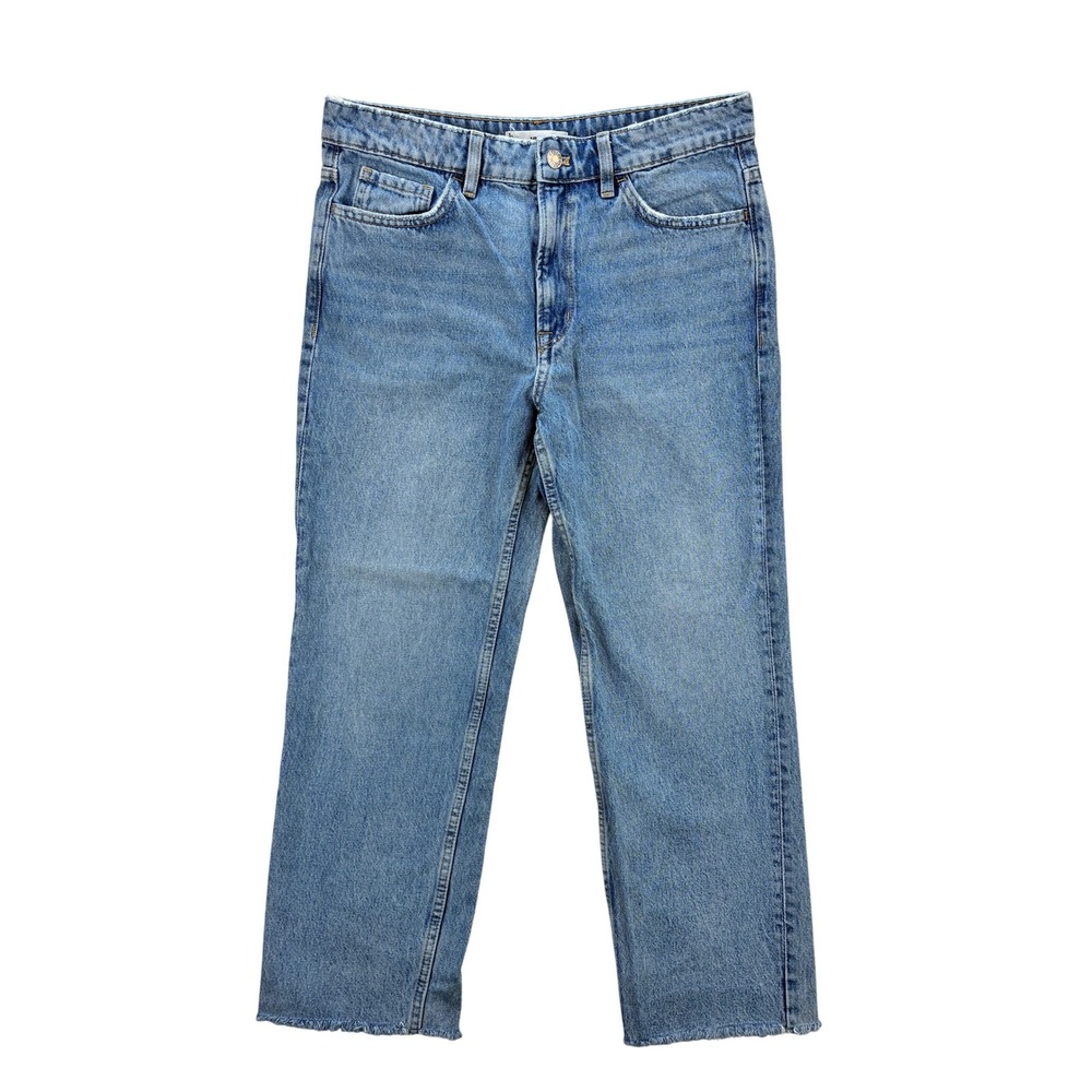 MNG Mango Women's 8 Blanca Straight Leg Jeans Blue High Rise Raw Hem Denim